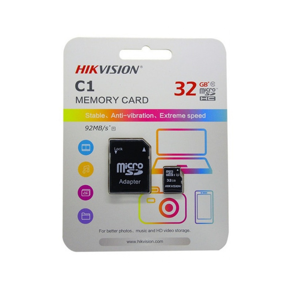 Memoria Micro SD 32GB Hikvision Clase 10 c/adaptador 92Mbs